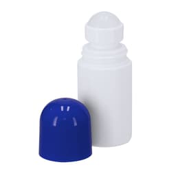 A white drink bottle with a blue cap featuring a rounded top. The cap is off to the side.
