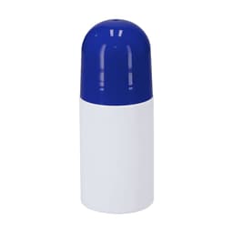 A drink bottle featuring a white body and a blue, rounded cap, with a logo on its surface.
