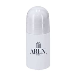 A white cylindrical drink bottle with a transparent cap, featuring a logo on the front.