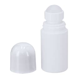 A white roll-on bottle with a removable cap, featuring a smooth, rounded top. It has a simple design and a brand logo.