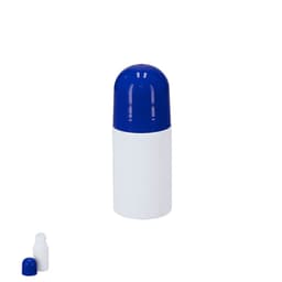 A drink bottle with a blue lid and a white body, featuring a small roll-on cap beside it.