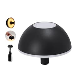 A black dome-shaped lamp with a white light top and a small base, featuring a logo on the side.