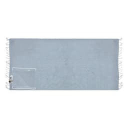 A light blue drawstring bag with a small pocket and a white drawstring. Features a logo on the side.