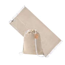 A beige drawstring bag with white cords, accompanied by a light-coloured mat. The bag features a logo.