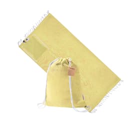A yellow drawstring bag with a white drawstring, accompanied by a matching towel with a pocket.
