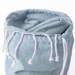 A light blue drawstring bag with white cord details, featuring a tightly gathered top.
