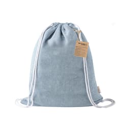 A light blue drawstring bag with white cords, featuring a tag and a simple branding logo.