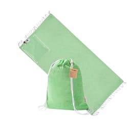 A green drawstring bag with a matching towel. The bag features a logo and has white drawstrings.