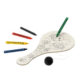 A paddle with a colouring surface, accompanied by four crayons in red, yellow, black, and green.