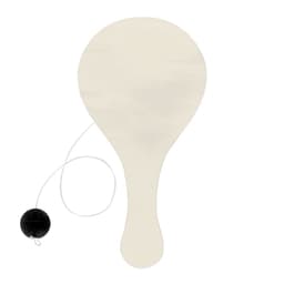 A novelty paddle with a black ball attached by a string, featuring a plain white design.