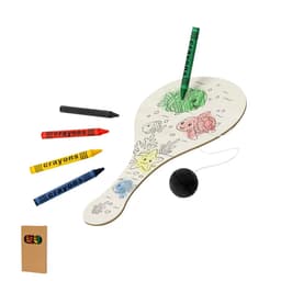 A novelty paddle with colouring sheet, a black ball, and four coloured crayons in red, yellow, and green. Features a logo.
