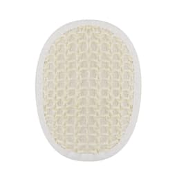 An oval-shaped, textured cream-coloured pad with a woven surface and a white border, featuring a logo.