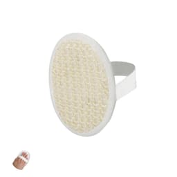 A round exfoliating scrub pad with a textured surface, featuring a white strap for easy handling.