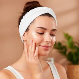 A woman with long brown hair, wearing a white headband, applies a skincare product under her eyes.
