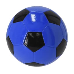 A blue and black soccer ball with a glossy finish and a logo.