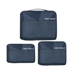 Three navy blue travel pouches arranged together, featuring mesh front pockets and a carry handle. Each has a logo.