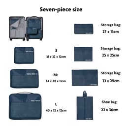 A collection of seven navy blue travel storage bags in various sizes, including pouches and a shoe bag, with a logo.