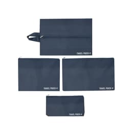 A set of four navy blue travel pouches with zippers, featuring a logo on each pouch.