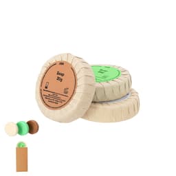 A set of round soap bars in different colours, packaged in eco-friendly paper with a simple design.