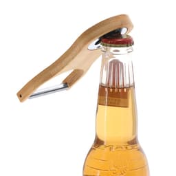 A drink bottle opener in natural wood tones, featuring a metal lever and a circular logo.