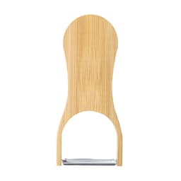 A bamboo bottle opener with a smooth finish and a metal opening mechanism, featuring a curved handle design.