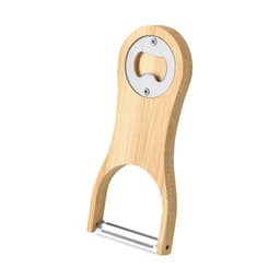 A drink bottle opener made from bamboo with a metal bottle cap opener and a minimalist design. Features a logo.