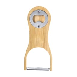 A drink bottle opener made of bamboo with a stainless steel opening area and a sleek design. It features a logo.
