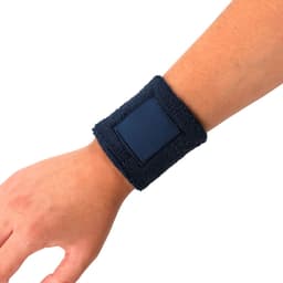 A navy wristband made of a soft material, featuring a rectangular patch for branding.