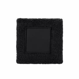A black square wristband featuring a textured surface and a smooth central patch, designed for exhibitions and events.