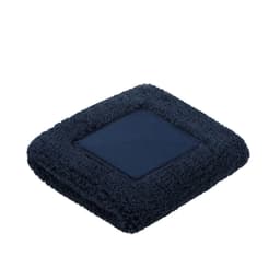 A navy blue square towel with a soft, textured border and a flat, smooth centre. It features a logo.