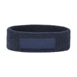 A navy blue headband made of soft fabric with a rectangular patch for branding.