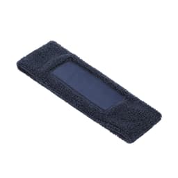 A navy headband made of soft fabric with a textured surface and a central cut-out panel. It features a logo.