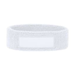 A white headband made of soft material, featuring a blank area for branding or personalisation.