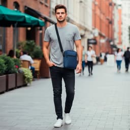 A man wearing a grey t-shirt and black jeans walks along a street, carrying a navy blue Dibbud Bag across his shoulder.
