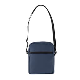 A navy blue bag with a single shoulder strap and a front zip pocket, featuring a logo on the surface.