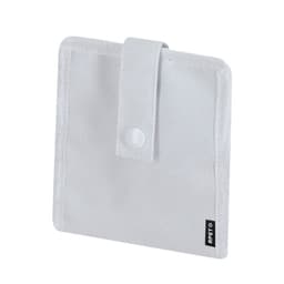 A grey wallet made of fabric, featuring a snap closure and a logo tag on the side.