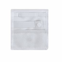 A white wallet featuring multiple compartments and a snap closure, with a textured mesh pocket. It has a logo.