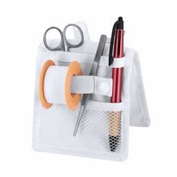 A white organiser featuring scissors, a tweezer, a pen, and tape, with various pockets and a mesh design.