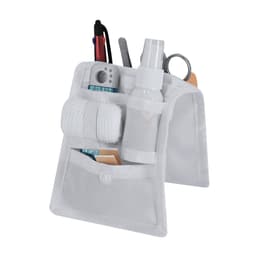 A white organisational pouch with multiple compartments holding pens, scissors, a spray bottle, and other small items.