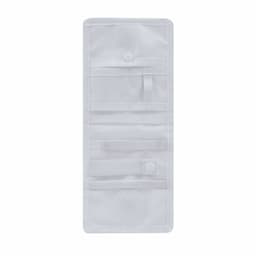 A white storage pouch with multiple compartments, pockets, and closures. It features a textured area and has a logo.