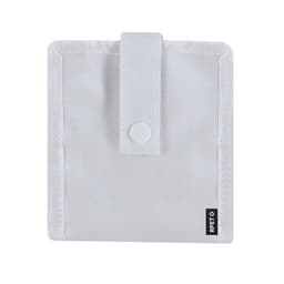 A grey fabric pouch with a snap closure and stitched edges, featuring a side logo tag.