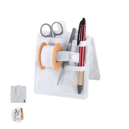 A white organiser with scissors, a pen, a tweezers, and a roll of tape, featuring a mesh pocket and a button closure.