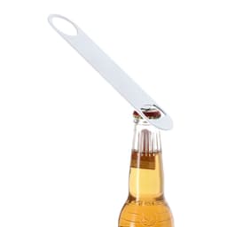 A drink bottle opener in silver, designed to lift bottle caps effortlessly. It features a simple, sleek design.