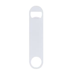 A drink bottle opener in a sleek white design, featuring a loop for easy handling and a logo on its surface.
