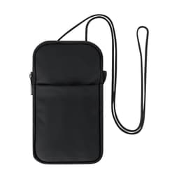 A black bag with a strap and a front pocket, featuring a simple design and a logo.