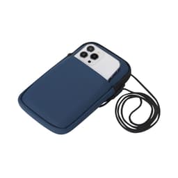 A navy blue pouch designed for carrying a smartphone, featuring a shoulder strap and a sleek design.