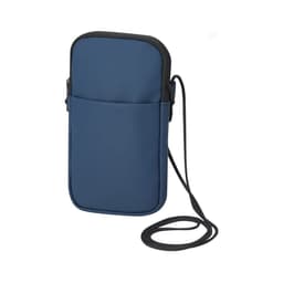 A blue pouch bag with a zippered closure and an adjustable strap, featuring one exterior pocket.
