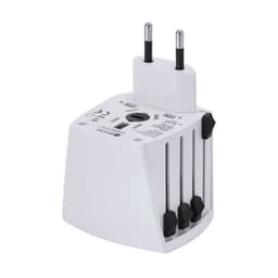 A white travel adapter with multiple plug configurations and a logo, designed for compatibility in different regions.
