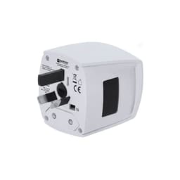 A travel adapter in white featuring multiple plug options and an integrated design, with a logo on the side.
