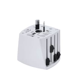 A white travel adapter with multiple plug options and a logo, designed for international use.